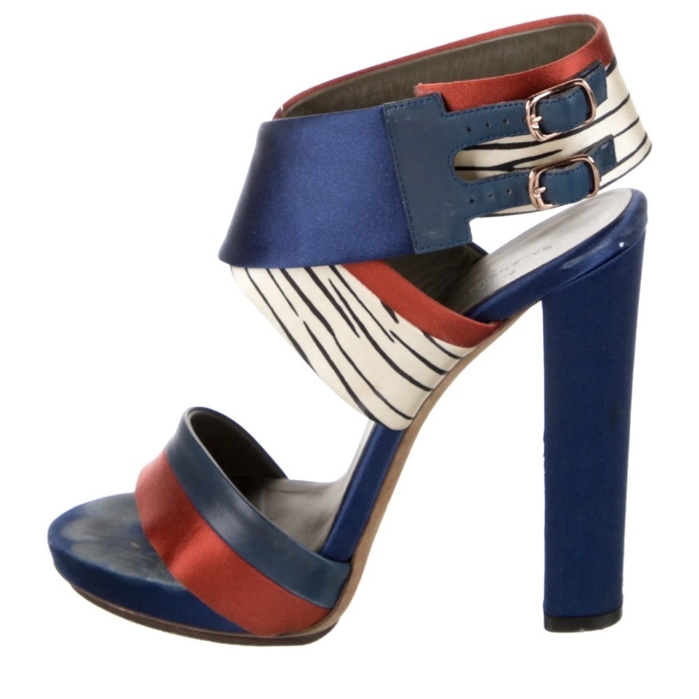 BALENCIAGA PARIS Blue and Bronze Satin Platform Women's Heels sz 36
